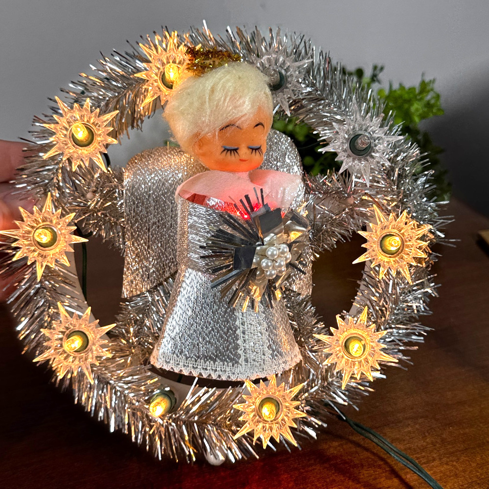 Vintage Lighted Angel Christmas Tree Topper Works Decor Electric 7" Silver 1950s